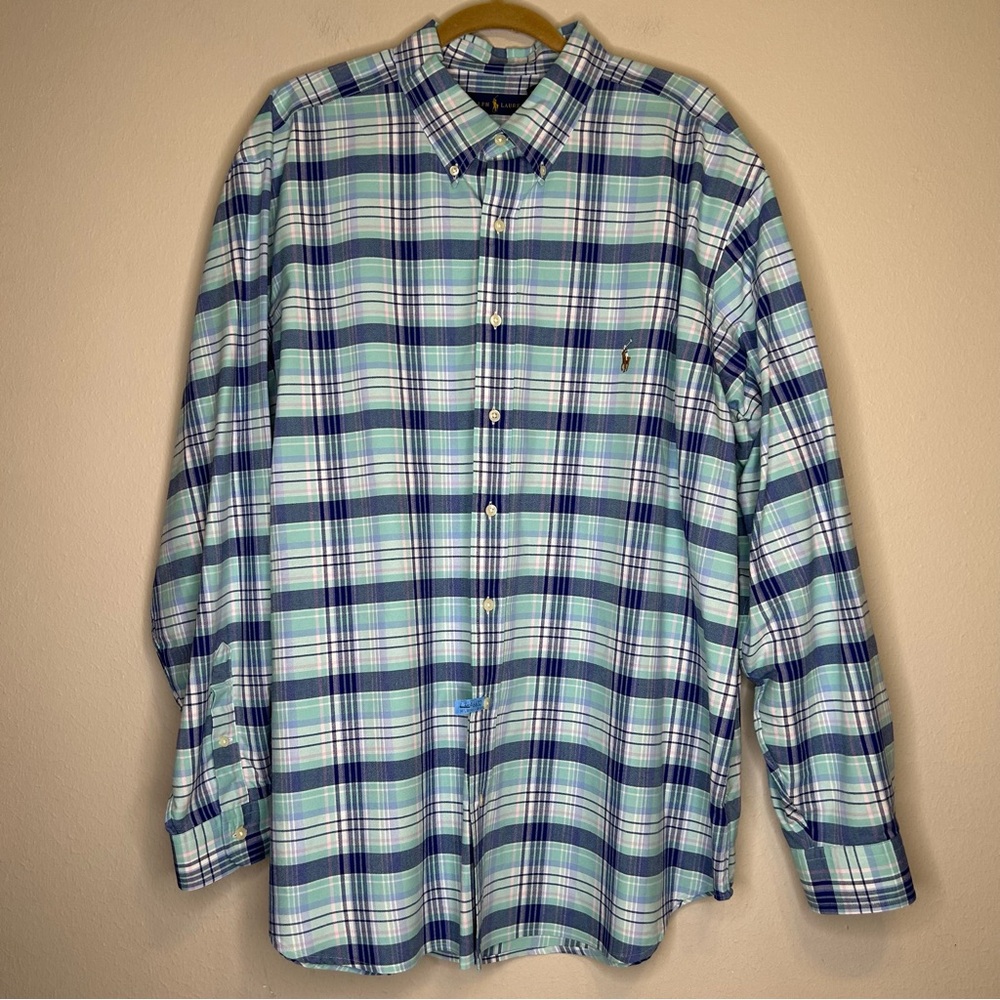 Ralph‎ Lauren Long Sleeve Plaid Oxford Shirt Men Aqua Blue Size 2XB 100% Cotton